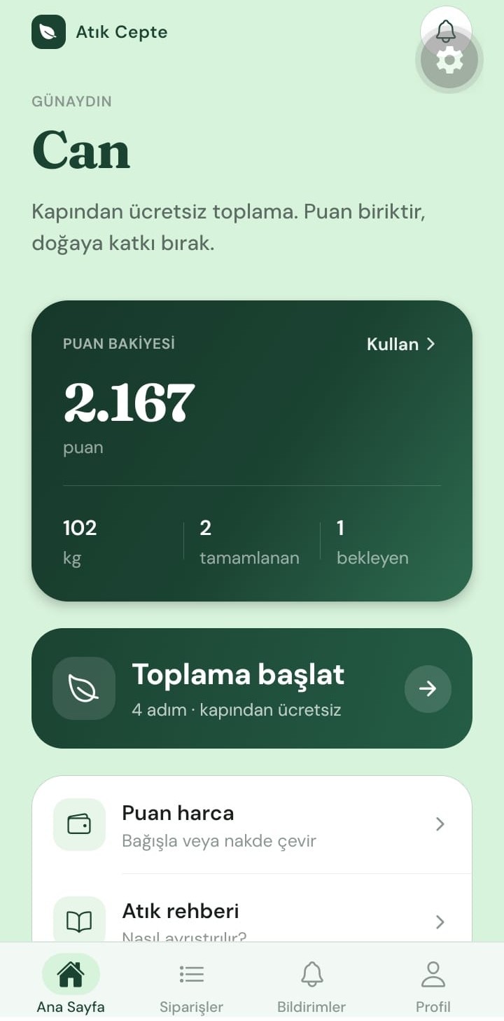 Atık Cepte vatandaş uygulaması ana sayfa ekranı