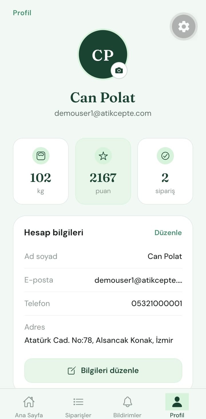 Atık Cepte vatandaş uygulaması profil ve puan işlemleri ekranı